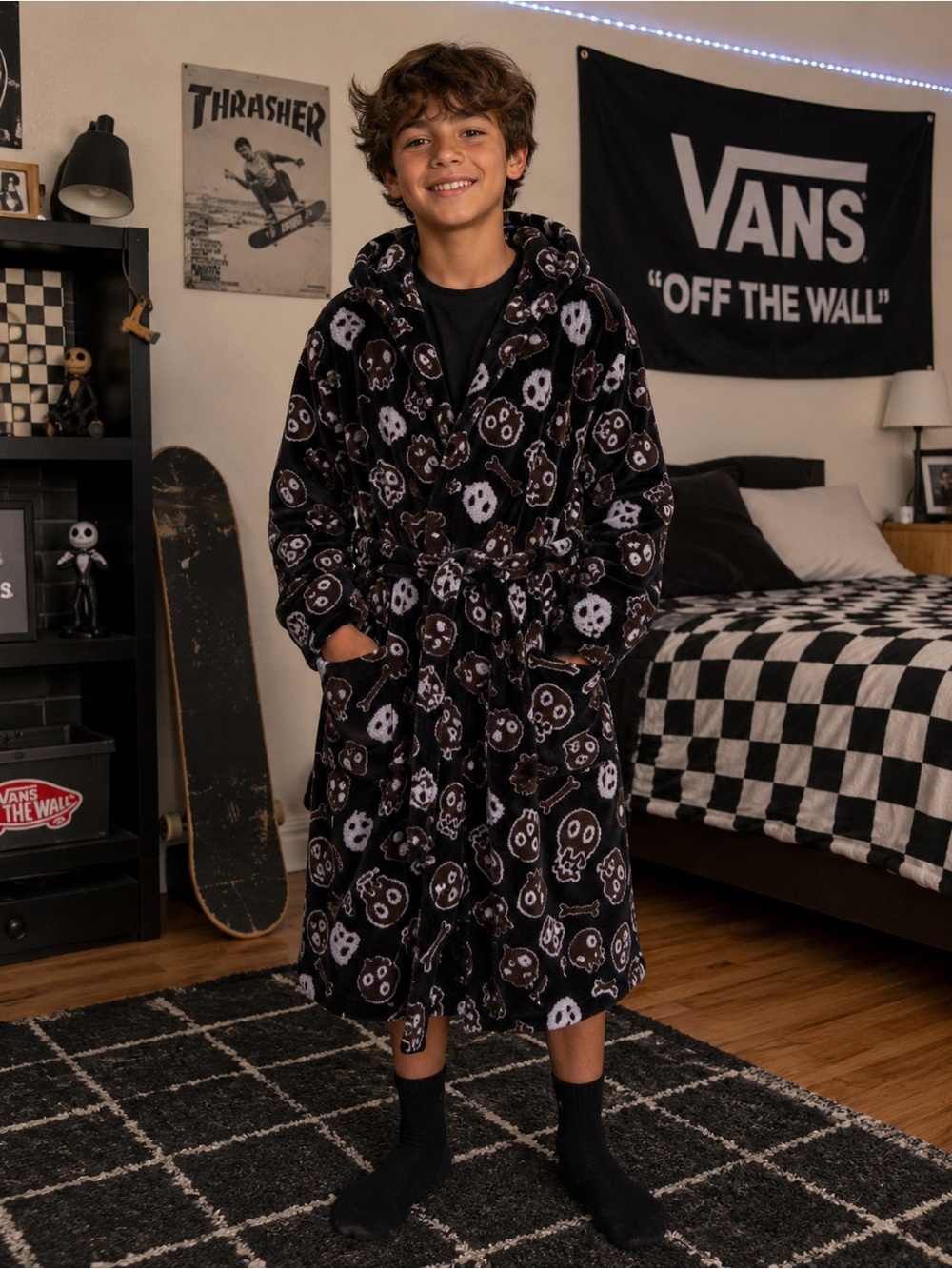 Kids Fleece Sleep Robe – Skull Print Hooded Bathrobe (Ages 10–12)
